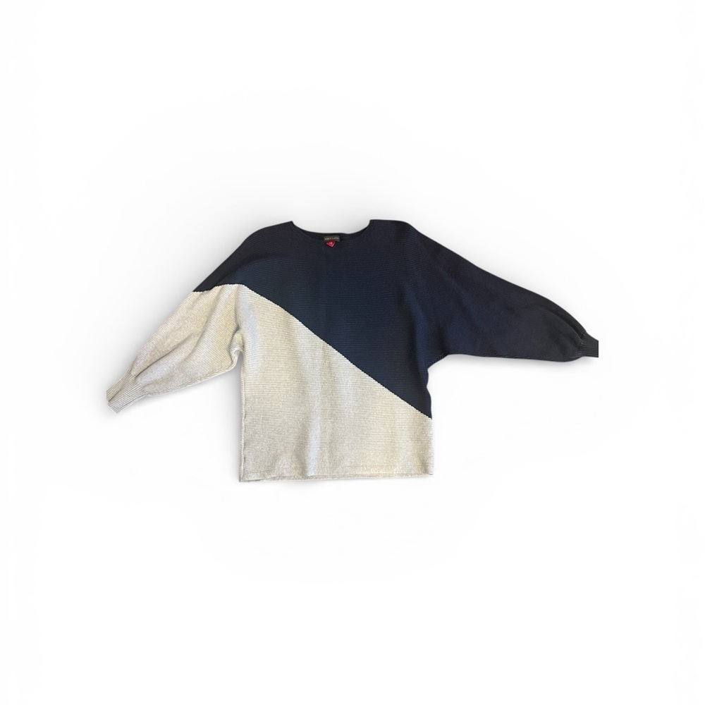Vince Camuto Navy Beige Colorblock Ribbed Dolman Sleeve Knit Sweater Women Small - Picture 1 of 5